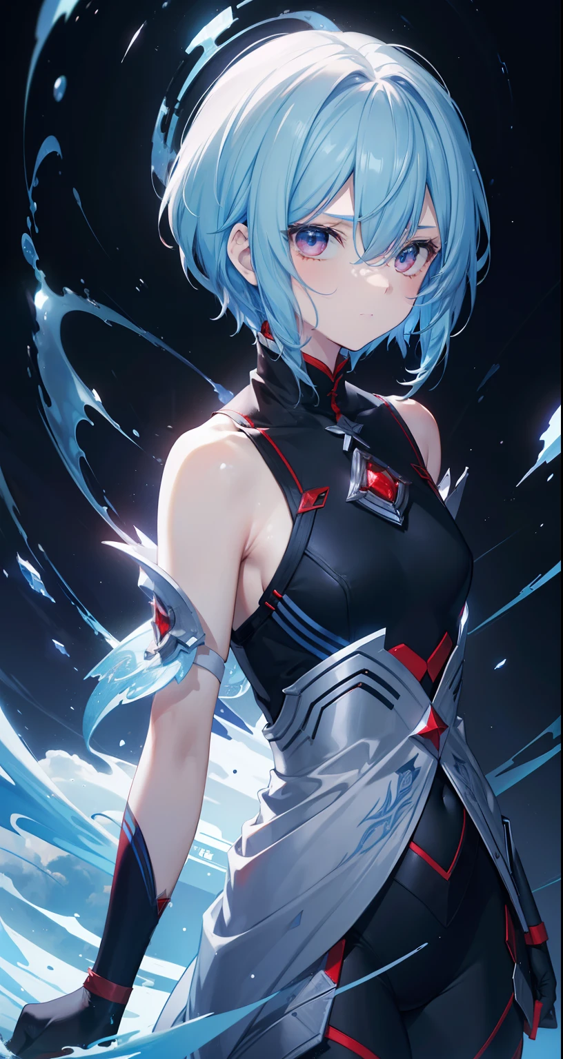 ((tmasterpiece,Wallpaper 4k,best quality))Ganyudef, Being red in the face, Daytime, Simple Backgound, Sky blue, Short detailed hair, Moody light,Light blue hair,Light particles,Blue Themes ,Busy body,expressionless face,bright,smooth thigh