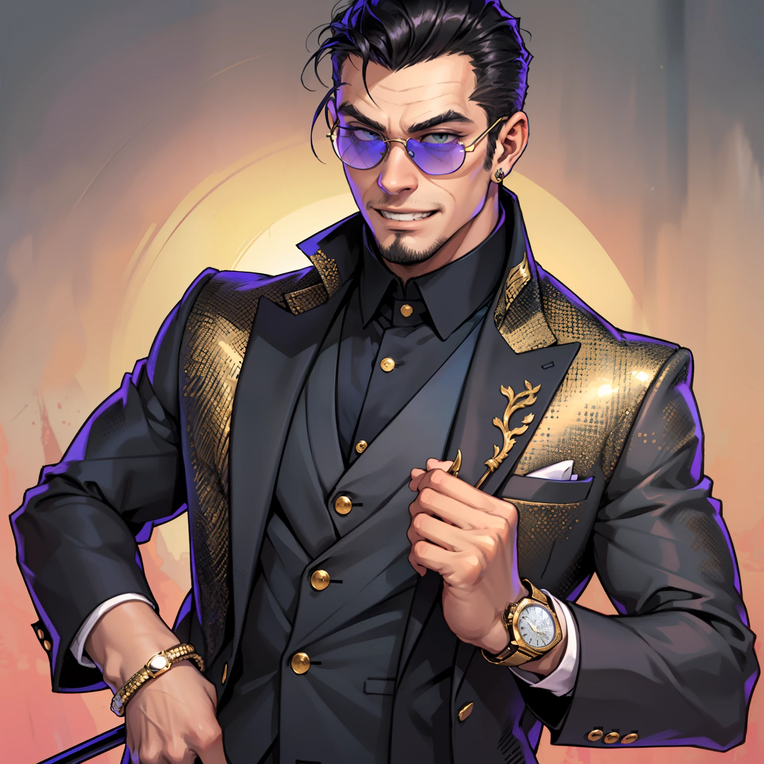 (high-res, professional), (man:1.1,gentleman), (stylish, elegant), (clean-cut, well-groomed:1.1) man wearing a perfectly tailored suit, (expensive:1.1) gold watch, (neatly combed) hair, and (sophisticated) black sunglasses,(evil, wicked) grin, holding a diamond-encrusted cane in his left hand