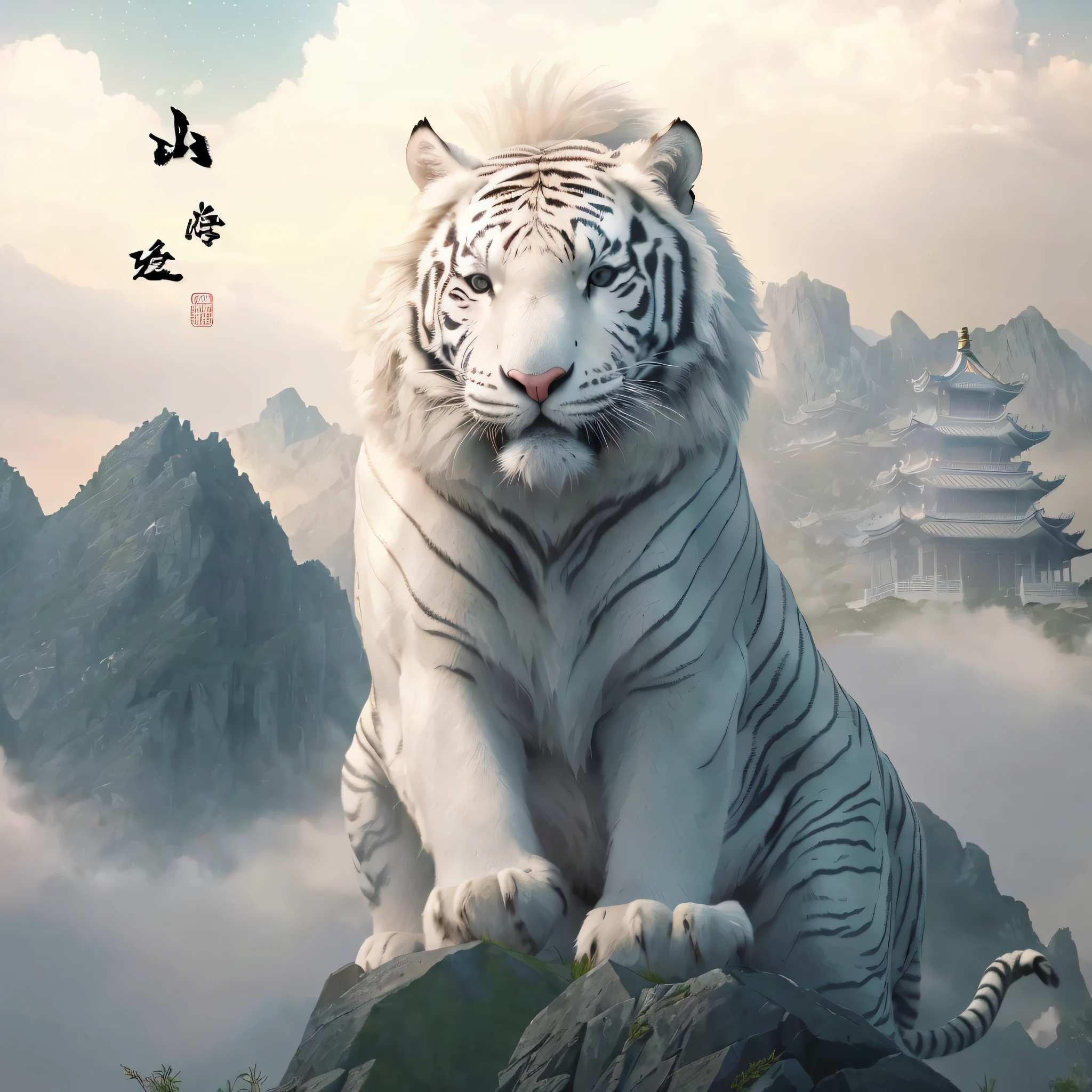 There is a white tiger sitting on a rock in the mountains, author:Kan Lee, White tiger, feng zhu |, author:Julian, sacred tiger, Chinese fantasy, chinese surrealism, 3 0, Chinese painting style, author:Zhen Min, by Yang J, Tiger_beast, author:Liang Kai, tian zi, author:Dai Jin, author:Du Jin