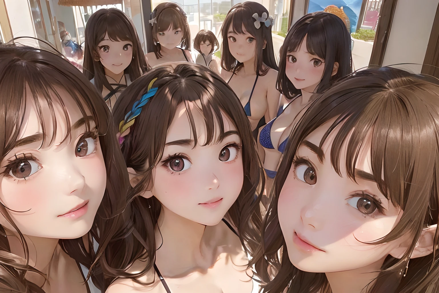 (frombelow:1.3)、(five girls:1.7),(First 2 people、Back 3 people)、Light Brown Fringe Hair、Braided hair、disheveled hair、Light brown eyes、dignified expression、(爆乳:1.7)、Emphasize the valley、fittingroom、(Photorealsitic)、Shadow、(intricate detailes:1.2)、(masterpiece:1.3)、(top-quality:1.4)、(超A high resolution:1.2)、A detailed eye、Detailed nose、Detailed eyebrows、Detailed mouth、detailed facial features、(Colorful micro bikini:1.2), (selfee:1.3)、(Girls side by side:1.4)、(well proportioned face:1.3)