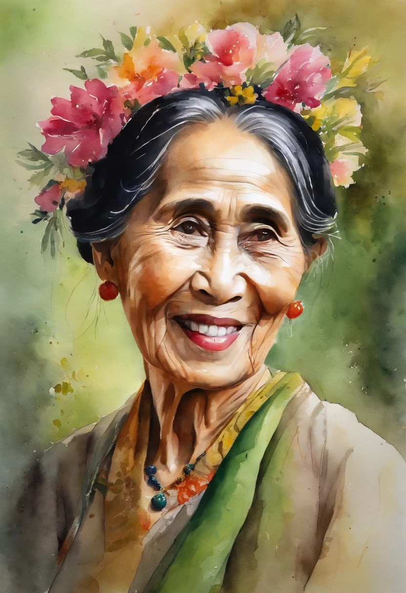 watercolor color portrait of (( Aung Sann Su Kyi )), 65 years old lady with calm look and wise appearance. flowers on hair ...