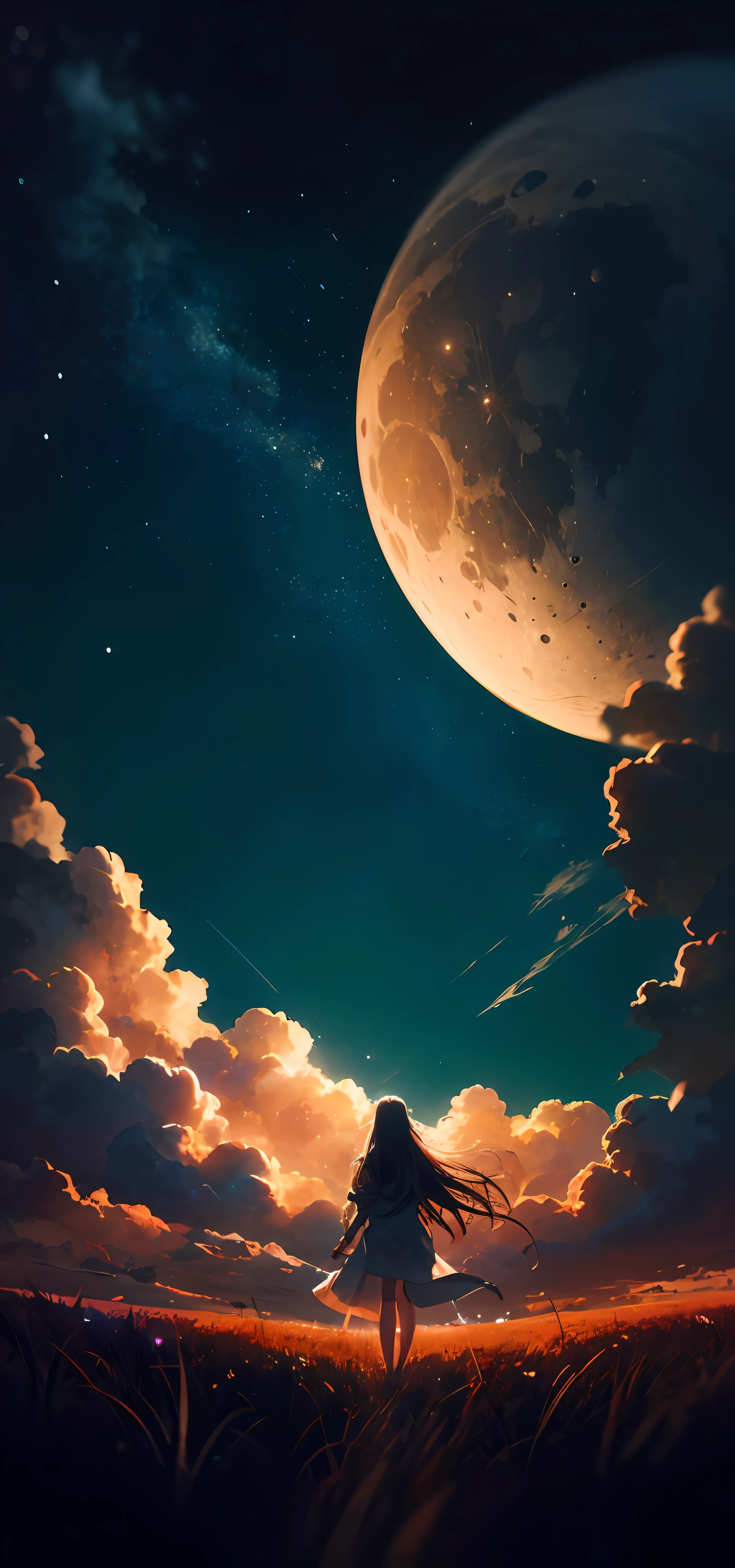 anime style painting of a completely woman with very long hair, walking in a field with a star in the sky, calm night, view from below, focused from woman butt to the moon, digital illustration, jen bartel, background artwork, 4 k hd illustrative wallpaper, anime background art, detailed sky, background art, low detailed. digital painting, detailed digital painting, anime art wallpaper 4 k, anime art wallpaper 4k, anime background, glowing clouds
