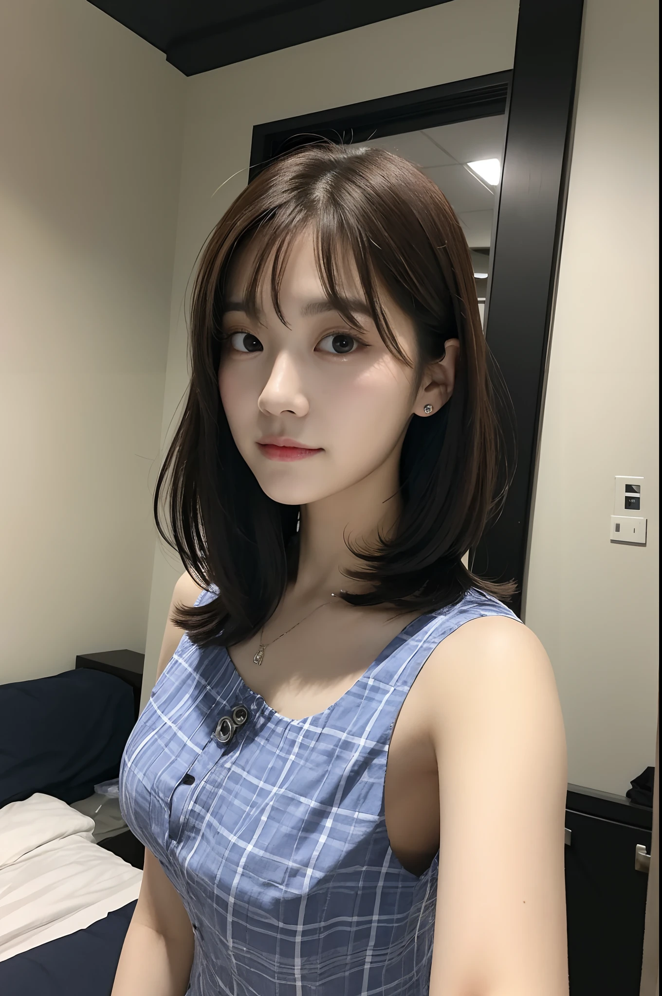 there is a woman that is posing for a picture in a room, tzuyu from twice, 8K selfie photo, With short hair, neat hair with bangs, jaeyeon nam, With bangs, lee ji - eun, lee ji-eun, 奈良美智, captured on canon eos r 6, Gorgeous young Korean woman