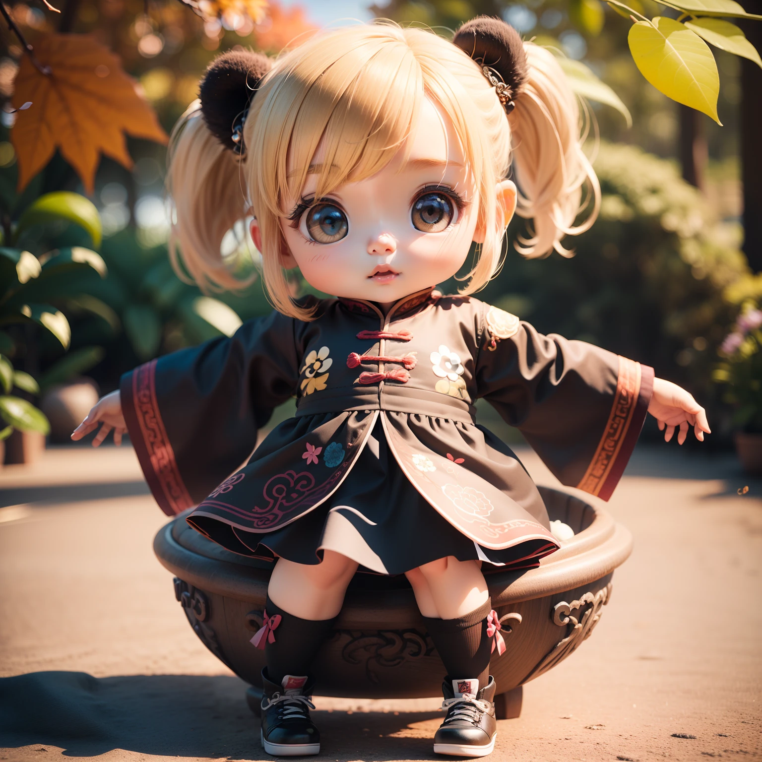 Cute  Chibi Anime、(((Chibi 3D))) (Best Quality), (masutepiece)、Panda Chibi、With hair ornament２2 hairs、Costume with detailed embroidered decorations of kung fu、shoes、a small face、A detailed face、Royal Botanic Gardens in Autumn