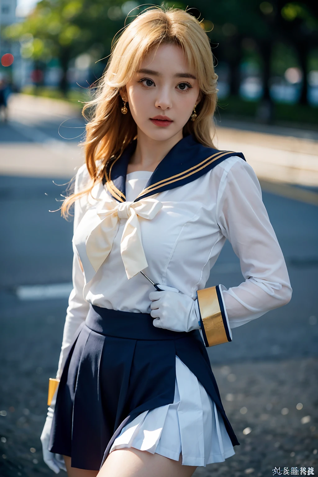 Close up, 1 girl, sailors, Tsukino Usaki, (Sailor Senshi Uniform:1.2), (aqua eyes:0.9), Blonde hair, Medium hair, Wedge skirt, Best quality, Earrings, Masterpiece, high resolution, Intricate details, (Realistic)), Photography, (White elbow gloves:1.1), jewelry, Breast-huge, full bodyesbian, Dynamic background, Dynamic pose, White