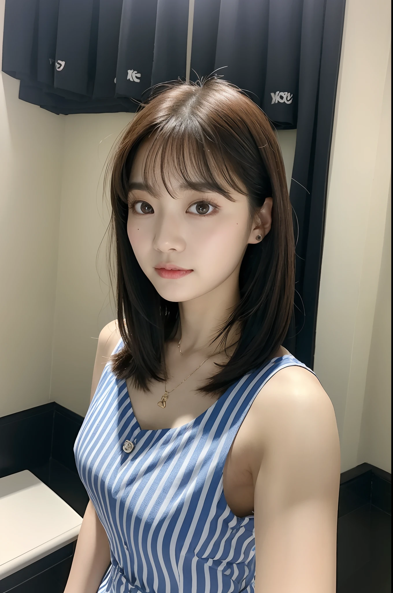 (Highest quality, masterpiece:1.3, Ultra-high resolution), (Super detailed, Caustics), (Realistic:1.4,RAW shooting,)Ultra-Realistic Capture,Very detailed,High resolution 16k, Human skin close-up, The skin texture is natural, It must be detailed enough to be easily identifiable.。 Skin should look healthy and have an even tone。 Use natural light and color, restaurant, Waitress uniform, 1 Girl, Japanese, 18-year-old, cute, Medium Hair, Large Breasts, smile, Turn your body forward, (View from the front:1.1), Looking into the camera, (Cowboy Shot),vision, focused on the chest, Brown Hair, Black Choker, fluffy eyelashes, blue eyes, bangs