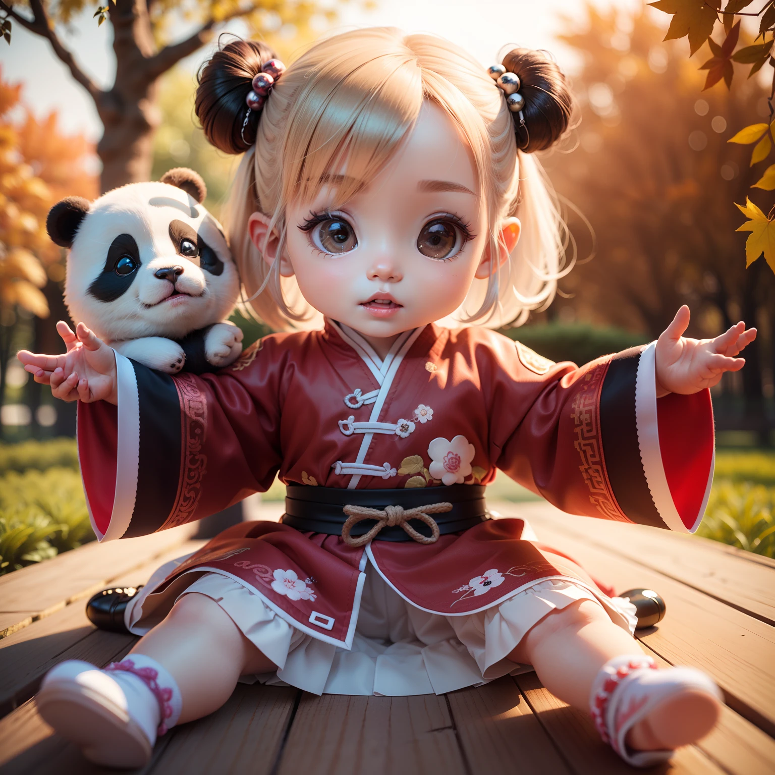 Cute Chibi Anime、(((Chibi 3D))) (Best Quality), (masutepiece)、Panda Chibi、With hair ornament22 hairs、Costume with detailed embroidered decorations of kung fu、shoes、a small face、A detailed face、Royal Botanic Gardens in Autumn