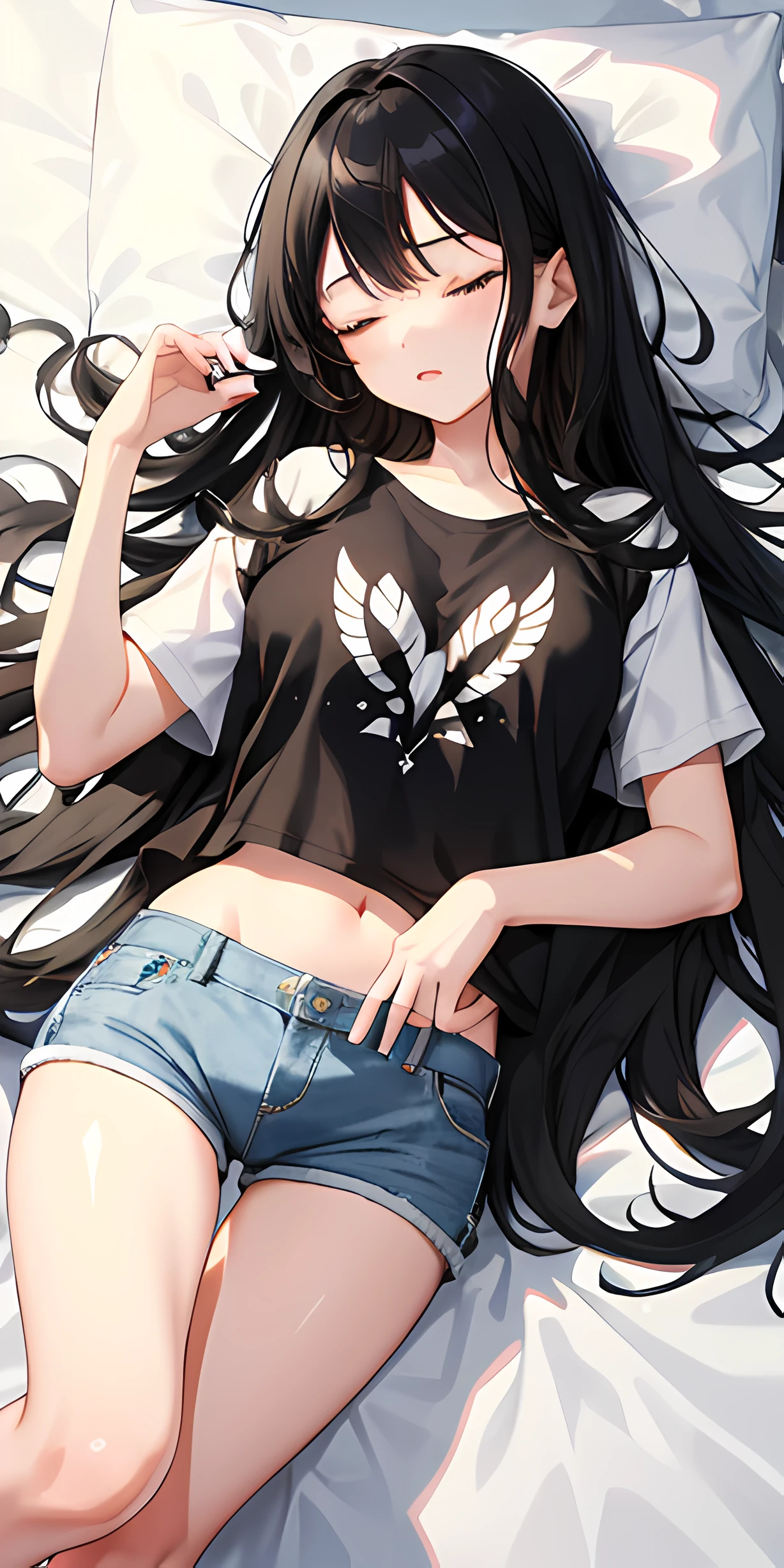 1girl, black hair, long hair, sleeping, light particles, wallpaper, hot pants, white tshirt