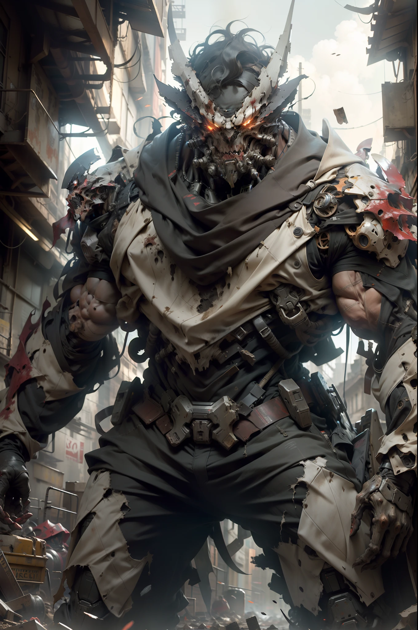 The virus finally begins, male cgmecha, bulky mecha, furious, zombie eyes, Torn and bloodied clothes, Looking at the scenes, the scary narrow dark back street the background, volumetric lighting, real life, wide angle, very detailed, low contrast, horror