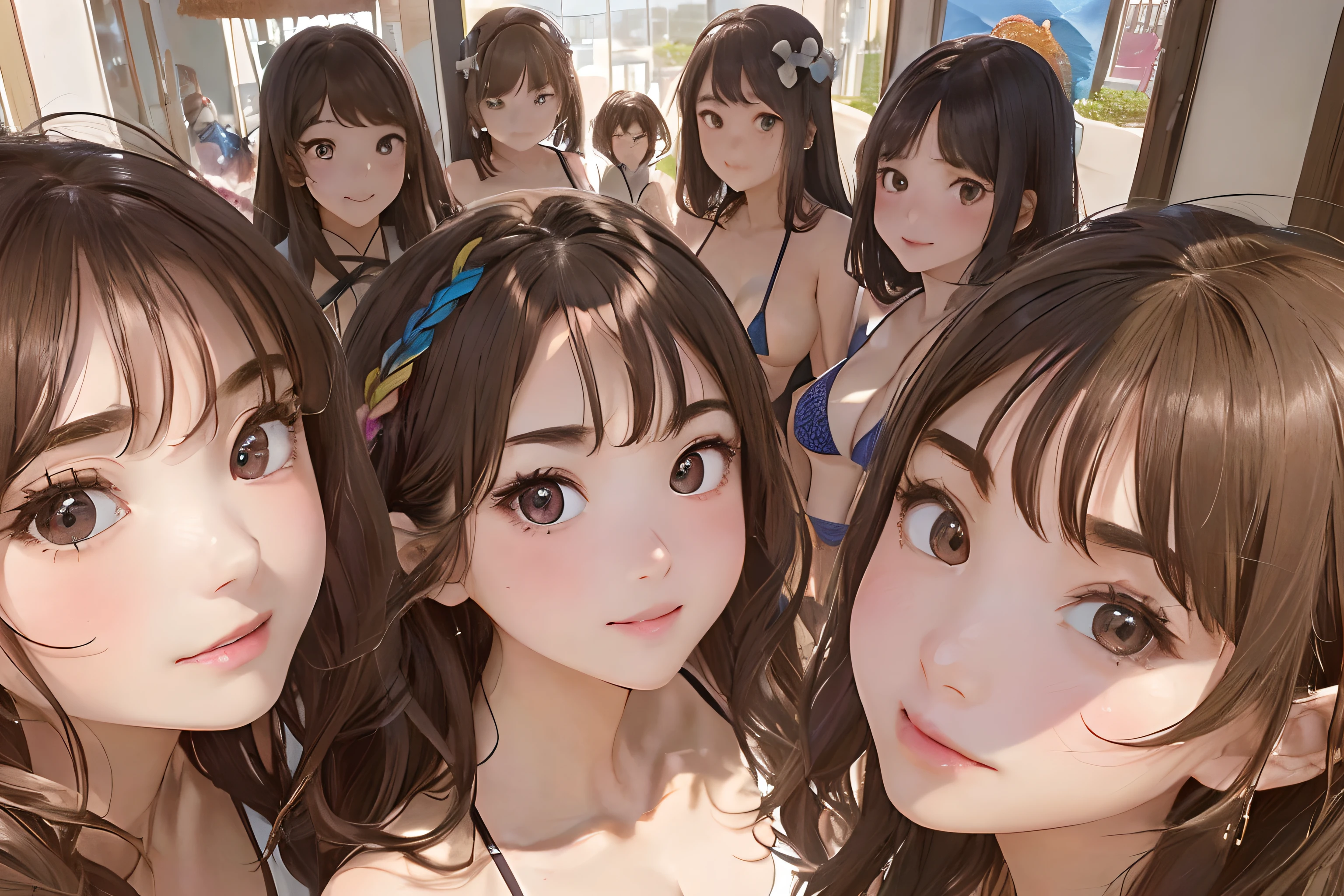 (frombelow:1.3)、(five girls:1.7),(First 2 people、Back 3 people)、Light Brown Fringe Hair、Braided hair、disheveled hair、Light brown eyes、dignified expression、(爆乳:1.7)、Emphasize the valley、fittingroom、(Photorealsitic)、Shadow、(intricate detailes:1.2)、(masterpiece:1.3)、(top-quality:1.4)、(超A high resolution:1.2)、A detailed eye、Detailed nose、Detailed eyebrows、Detailed mouth、detailed facial features、(Colorful micro bikini:1.2), (selfee:1.3)、(Girls side by side:1.4)、(well proportioned face:1.3)