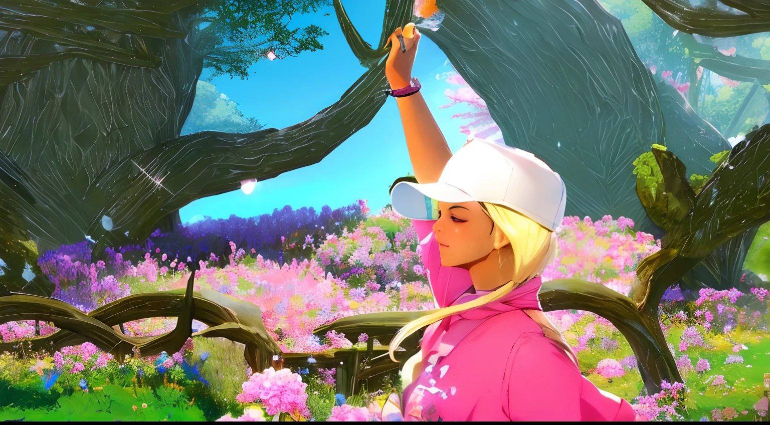 Alafed woman in pink shirt and white hat standing in flower field, in pink forest, Screenshots of Fashion Gameplay, beautiful screenshot, <mmorpgs scene, Season!! : 🌸 ☀ 🍂 ❄, pink forest, Haruno Sakura, pink iconic characters, inspired by INO, background is heavenly, spring time, anime barbie in white, second life avatar
