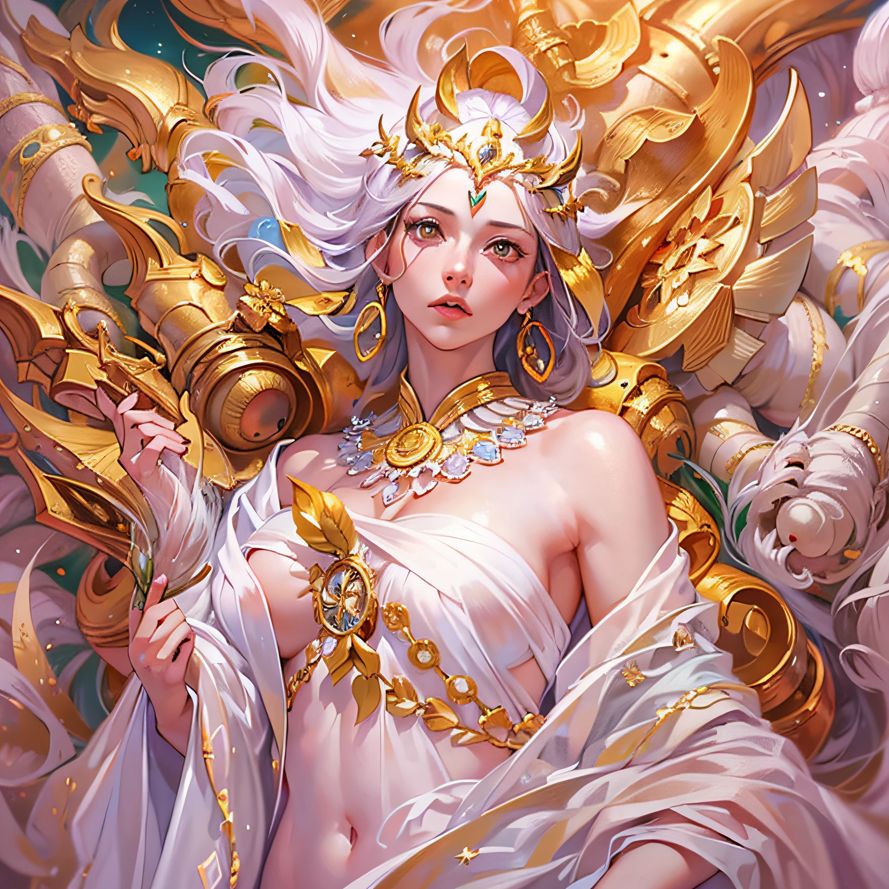 Highest quality, masterpiece, ultra-high subaltern ratio, (realistic: 1.4), hyper-realism, dreamlike, full-body portrait of beautiful white-skinned goddess, wearing golden robe of light, creation of fantasy, brain conch, dream conch, thrilling colour scheme, hyper-realism, abstraction.