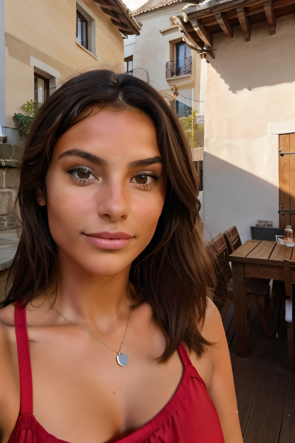 une jeune femme brune, selfie style she takes pictures of herself up close to show what she does., red garment, tanned skin, Outside house terrace, beer madisson, selfie proche haut du corps visage