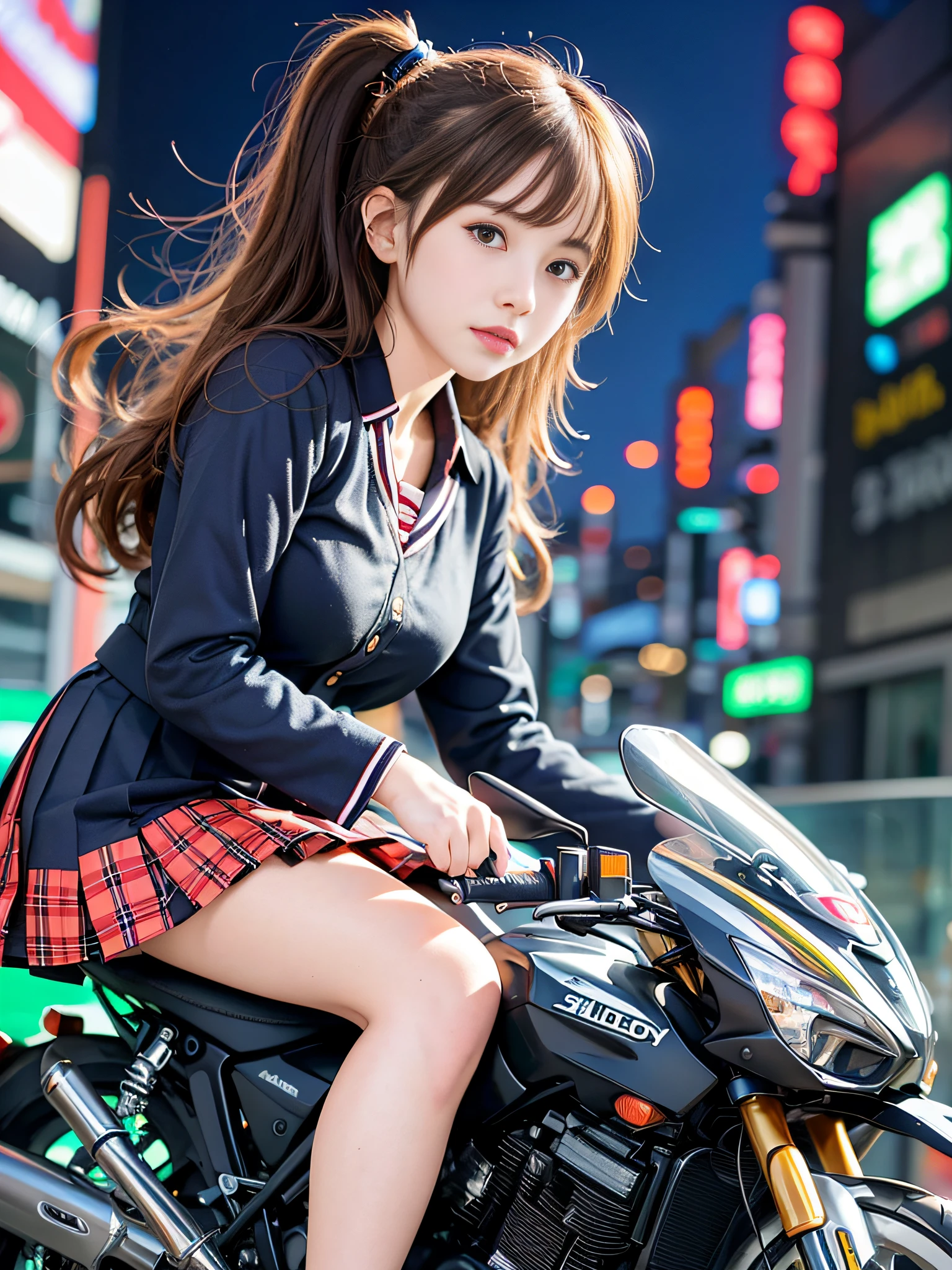 RAW image quality, Highest Quality, Outstanding detail, Ultra-high resolution, (fidelity: 1.4), Best Illustration, favor details, Highly condensed 1girl, with a delicate and beautiful face, (Wearing Japan school uniform), holding a directional controller, (Riding a racing motorcycle), The background is a high-tech neon scene of a futuristic city.