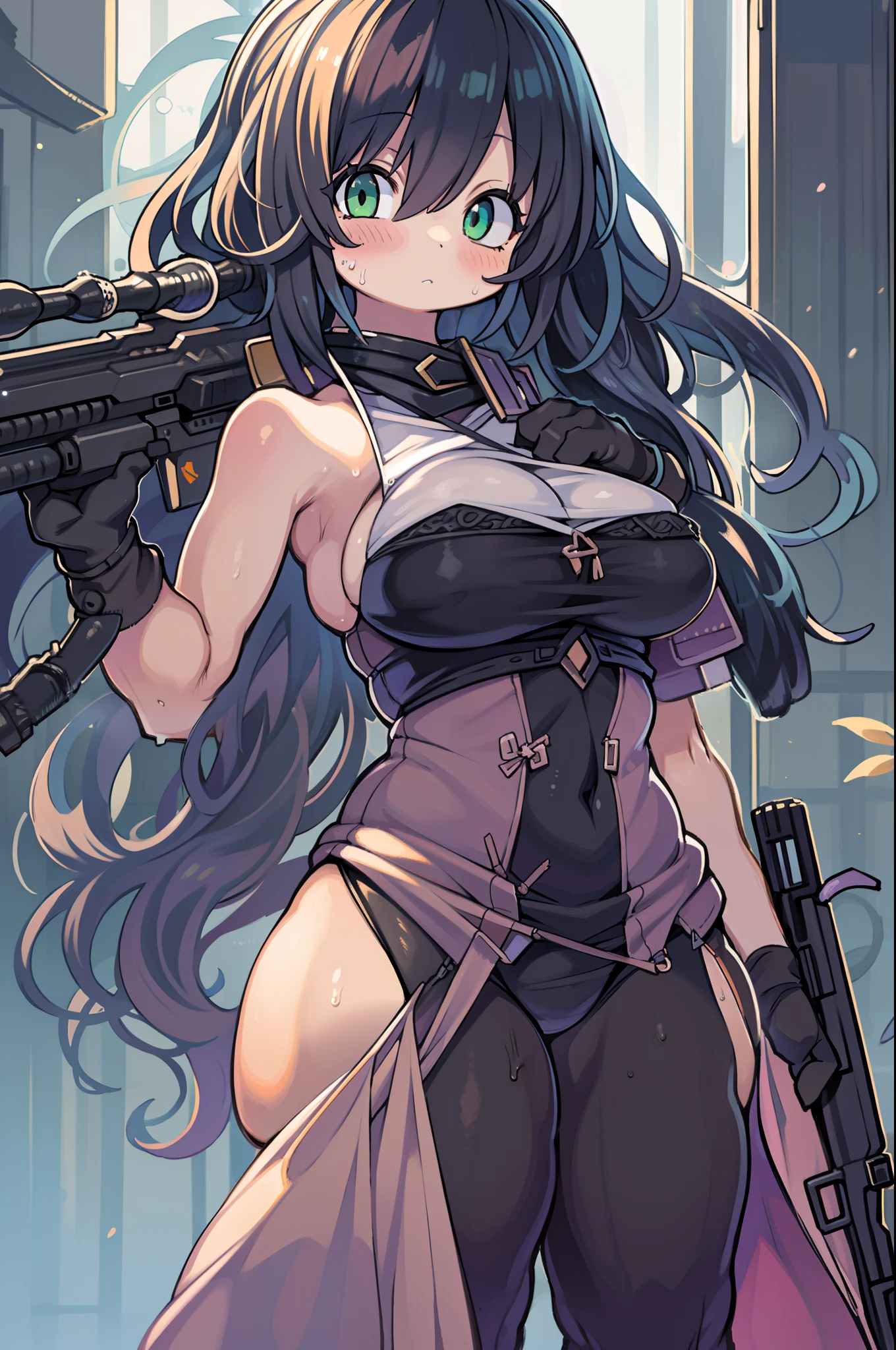 Hold a giant sniper rifle、Long sideburns、Anime-style girl with beautiful whole body,  Girl,clean detailed faces, ciber,analogous colors, Glowing shadows, beautiful gradients, depth of fields, CLEAN IMAGE, High quality,Black Parker Closing、 high detailing, High Definition, blush, Fit, Heavenly Beauty, Very detailed, Soft lighting, Full body,Green＆Black hair,Green eyes、