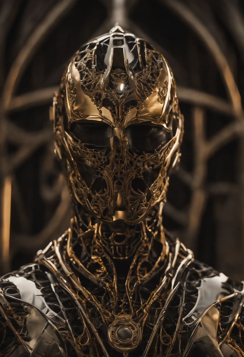 octane render of Ironman by Tsutomu nihei, chrome silk with intricate ornate weaved golden filiegree, dark mysterious background --v 4 --q 2