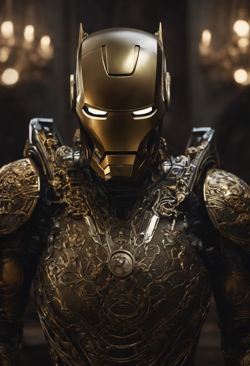 octane render of Ironman by Tsutomu nihei, chrome silk with intricate ornate weaved golden filiegree, dark mysterious background --v 4 --q 2