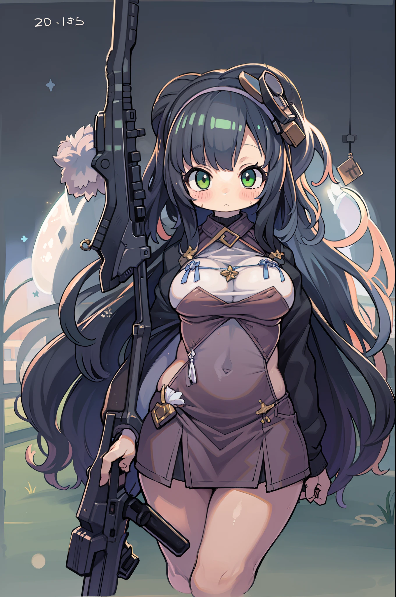 Hold a giant sniper rifle、Long sideburns、Anime-style girl with beautiful whole body, ,clean detailed faces, ciber,analogous colors, Glowing shadows, beautiful gradients, depth of fields, CLEAN IMAGE, High quality,Black Parker Closing、 high detailing, High Definition, blush, Fit, Heavenly Beauty, Very detailed, Soft lighting, Full body,Green＆Black hair,Green eyes、