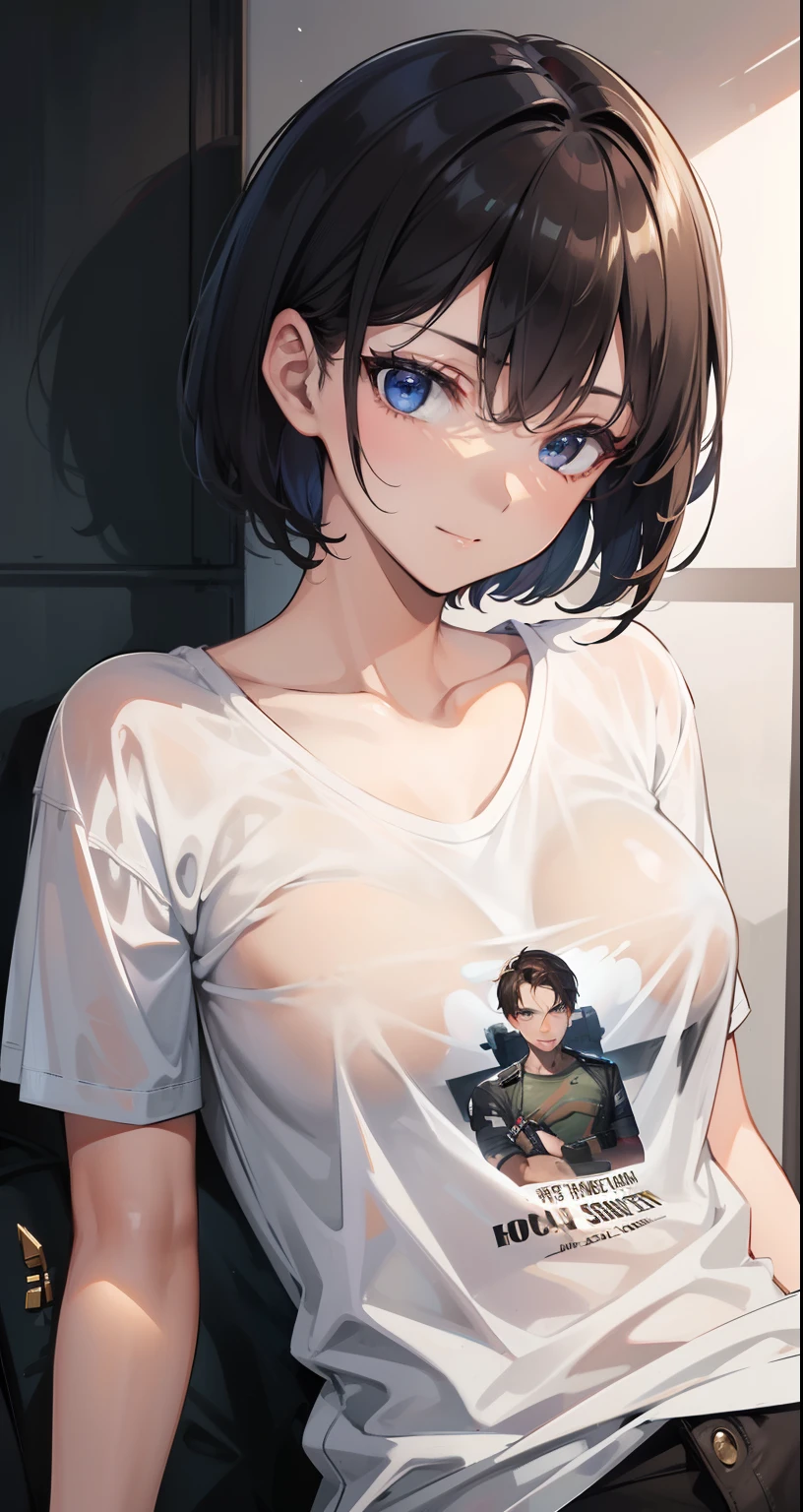 best quality, ultra high resolution, (photorealistic: 1.4), Beautiful eyes, Super Handsome, very short hair, beautiful, love, T-shirt with rough chest, Handsome soldier, Eyes that invite the viewer, Lover's perspective, inviting expression, sexy smile, perfect style, perfect balance, detailed skin, look, visible chest