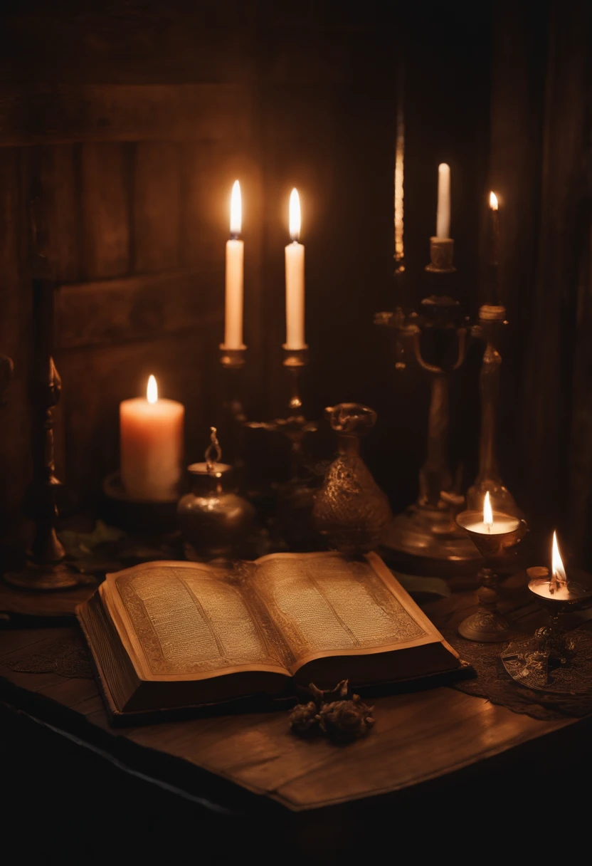 Magical and mysterious, Mystery Book, Witchcraft and witchcraft, Magic and magic, Wooden table, Alchemy and the occult, Devilology and mysticism, Smoke, grimoire, charact, flat lay, vertical, It's terrible, spark of light,