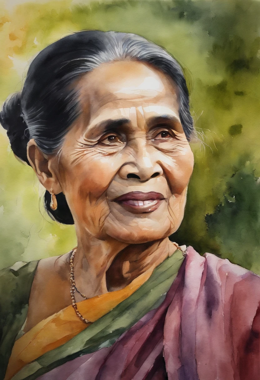 watercolor color  portrait of (( Aung Sann Su Kyi )),(( leader of Burma))  50 years old lady with calm look and wise appearance.  ...