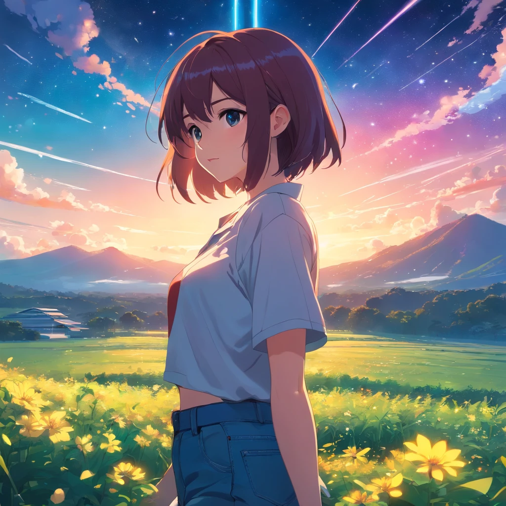 author:Shinkai sincerely, Vast landscape photos , (View from below,Displays the sky above and the clearing below), a girl standing on flower field looking up, ( meteors:0.9), (Starcloud:1.3), Far Mountain, Tree BREAK Production Art, (Warm light source:1.2), (Firefly:1.2), apples,Arad woman in wet shirt and jeans poses in front, alena aenami and artgerm, cleavage, Guviz-style artwork, Surrealism female students, Ross Tran 8 K, Surrealism female students, photorealistic anime girl rendering, ilya kuvshinov and artgerm, fotorrealista hiper detalhado