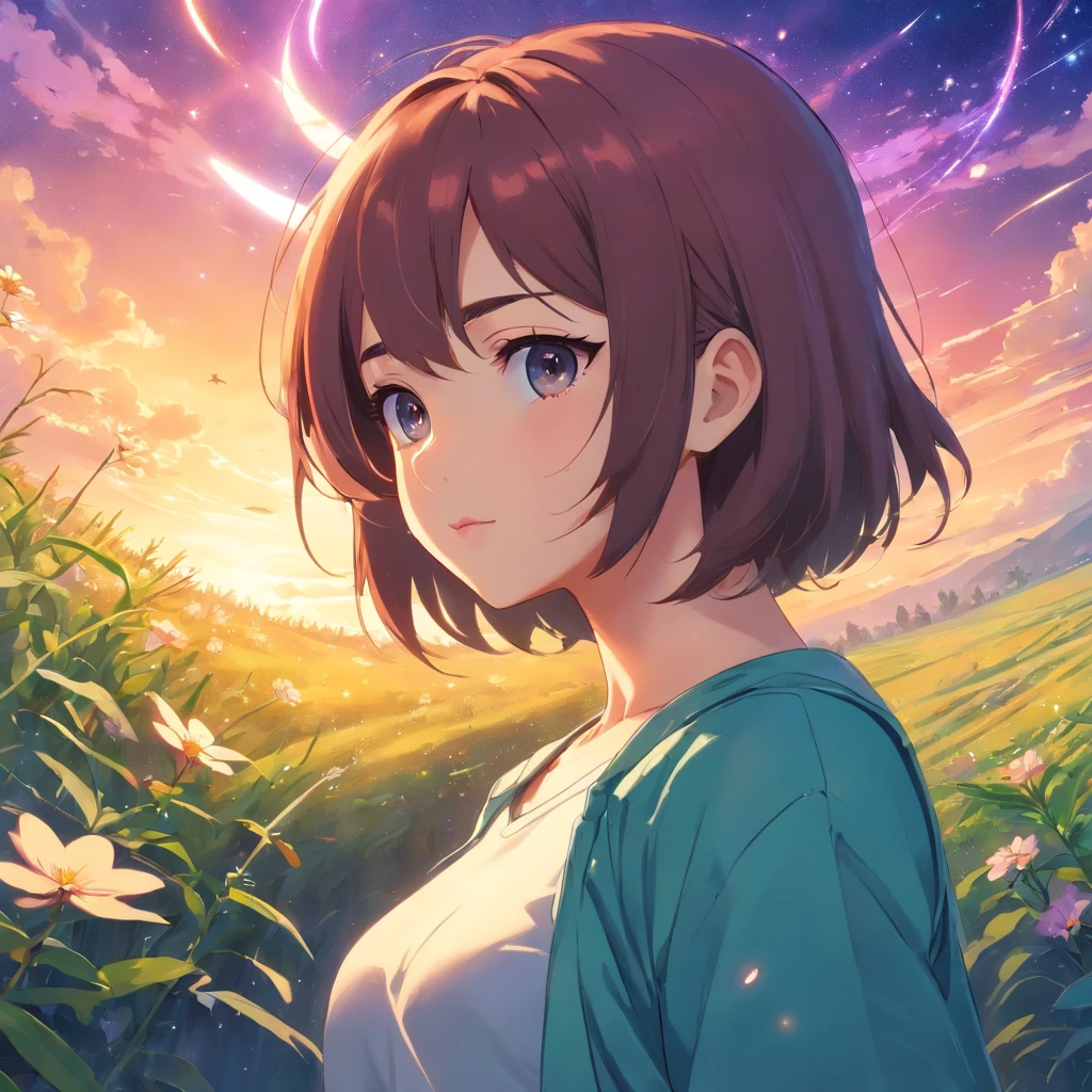 author:Shinkai sincerely, Vast landscape photos , (View from below,Displays the sky above and the clearing below), a girl standing on flower field looking up, ( meteors:0.9), (Starcloud:1.3), Far Mountain, Tree BREAK Production Art, (Warm light source:1.2), (Firefly:1.2), apples,Arad woman in wet shirt and jeans poses in front, alena aenami and artgerm, cleavage, Guviz-style artwork, Surrealism female students, Ross Tran 8 K, Surrealism female students, photorealistic anime girl rendering, ilya kuvshinov and artgerm, fotorrealista hiper detalhado