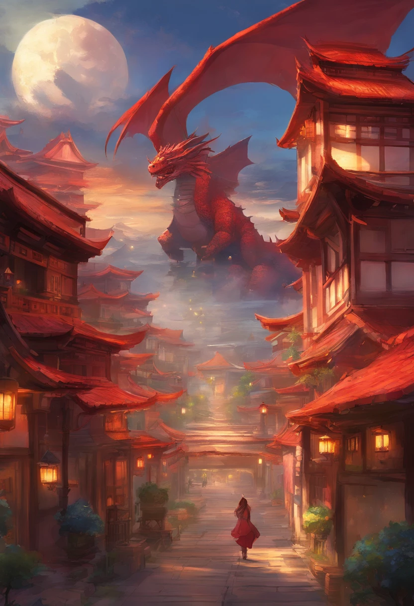 Anime - style painting of a town with a full moon in the sky, anime scenery concept art, traditional japanese concept art, 2. 5 d cgi anime fantasy artwork, japanese town, japanese city, Beautiful detailed concept art, anime fantasy artwork, Dota Matt Painting Concept Art, anime concept hdr anime macmanus, dreamy Chinese towns, concept art highly detailed,A red and big dragon is flying in the sky,Looking at the camera