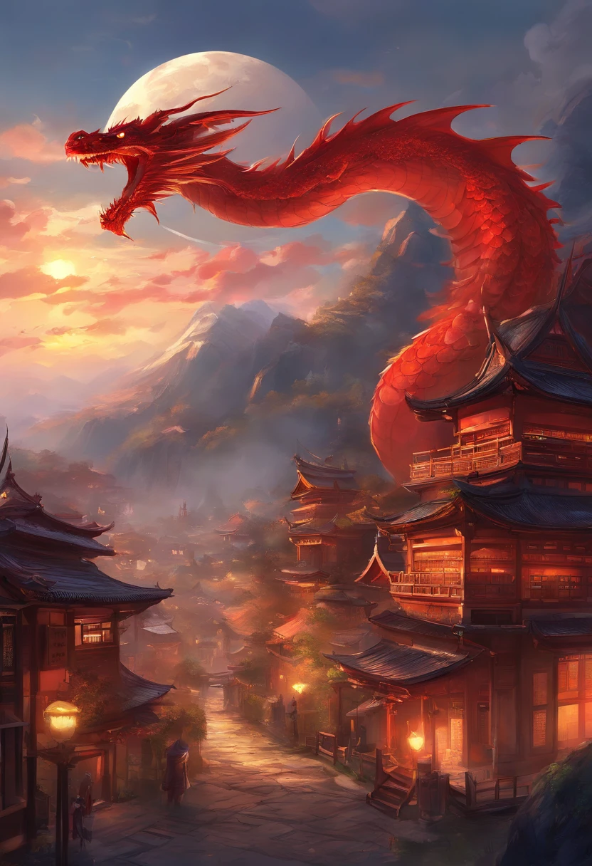 Anime - style painting of a town with a full moon in the sky, anime scenery concept art, traditional japanese concept art, 2. 5 d cgi anime fantasy artwork, japanese town, japanese city, Beautiful detailed concept art, anime fantasy artwork, Dota Matt Painting Concept Art, anime concept hdr anime macmanus, dreamy Chinese towns, concept art highly detailed，A red and big dragon is flying in the sky，Looking at the camera