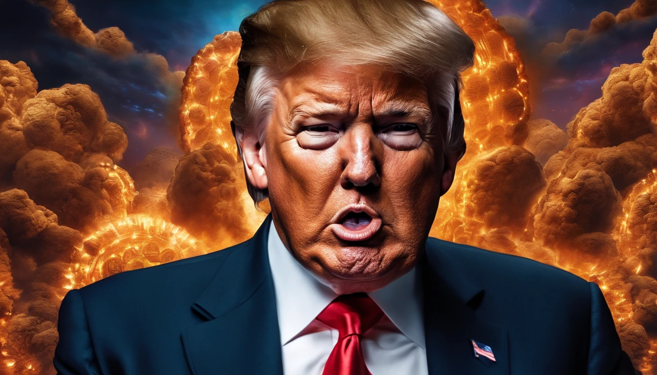 Imagine Donald Trump with a facial expression of greed and in the background of the image Bitcoin exploding