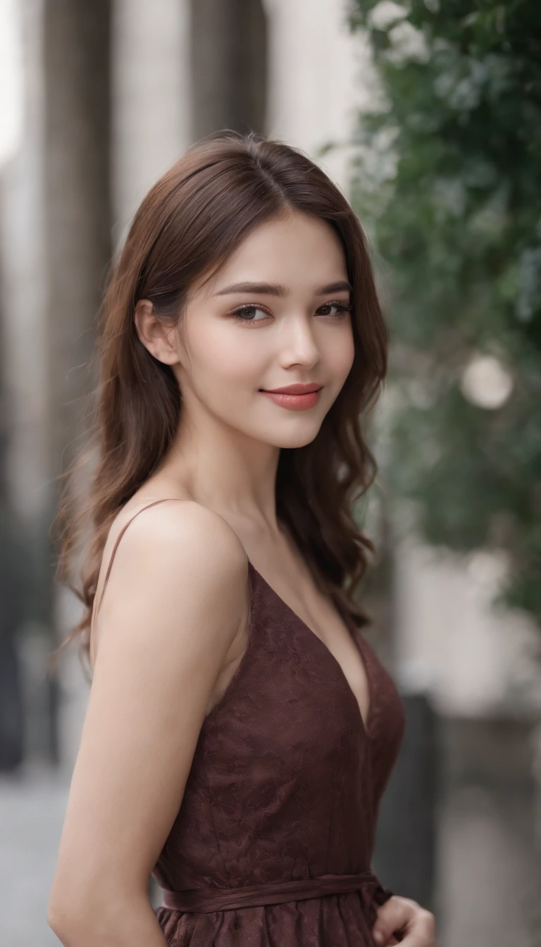 ((Best quality, 8k, Masterpiece :1.3)), 1girl, smiling, full body, slim face, Pretty woman, (Dark brown hair), full length dress :1.1, Ultra-detailed face, Detailed eyes, Double eyelid, blur background, slim face, city, outside, street,