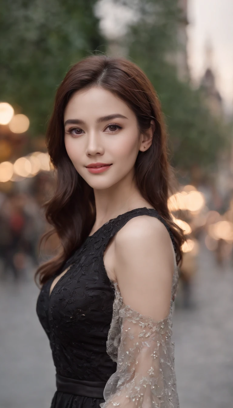 ((Best quality, 8k, Masterpiece :1.3)), 1girl, smiling, full body, slim face, Pretty woman, (Dark brown hair), full length dress :1.1, Ultra-detailed face, Detailed eyes, Double eyelid, blur background, slim face, city, outside, street,