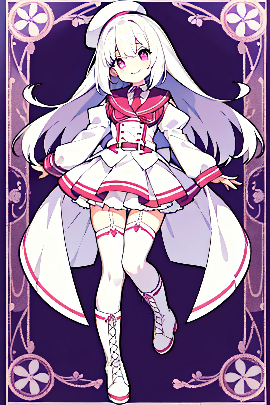 Short pleated skirt, long whitr hair, white color hair, teens girl, Dull hair, Pale pink pupils, Lace-up boots, schoolgirls, dual horsetail, White knee-length socks, light smile, character chart, anime, anime style, best quality, high details