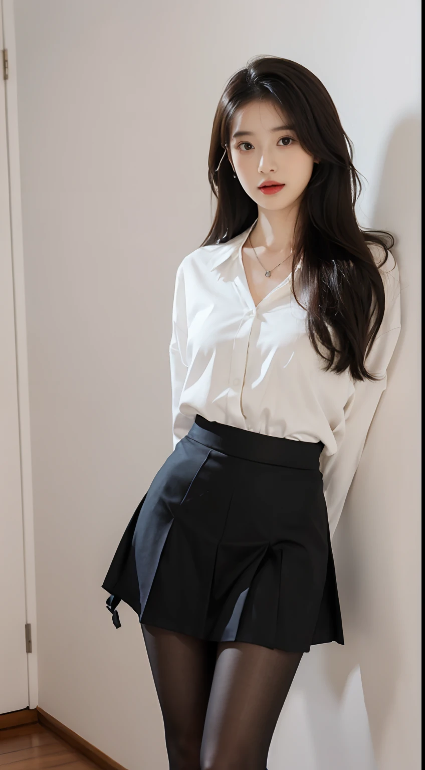 1girl， （realisticlying：1.3）， standing on your feet， photore， opulent， femminine， photorealisti， Cute shirt， deep dark background， oil painted， tmasterpiece， Diffuse soft film illumination， sportrait， best qualtiy （face perfect：1.4）， Ultra-realistic, highly detailed, intricately realistic simulation style photos, sharply focused on the eye， cinmatic lighting，korean female，Black silk hip skirt