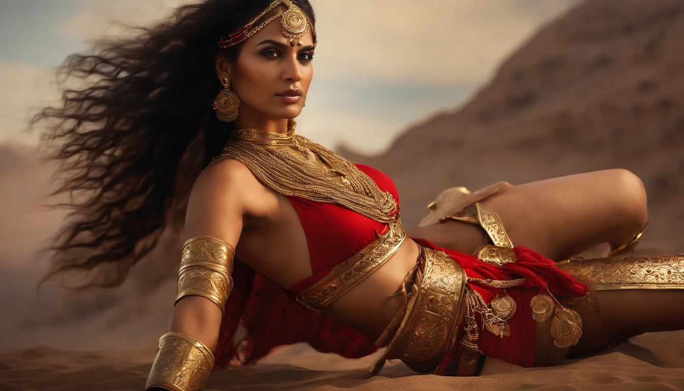 Tall and beautiful young Indian female warrior，Wear gold bikini armor and red battle robes，Gold-toned combat boots，Limbs were suspended separately by chains，A suction cup adsorbs between her thighs，A pained look on her face