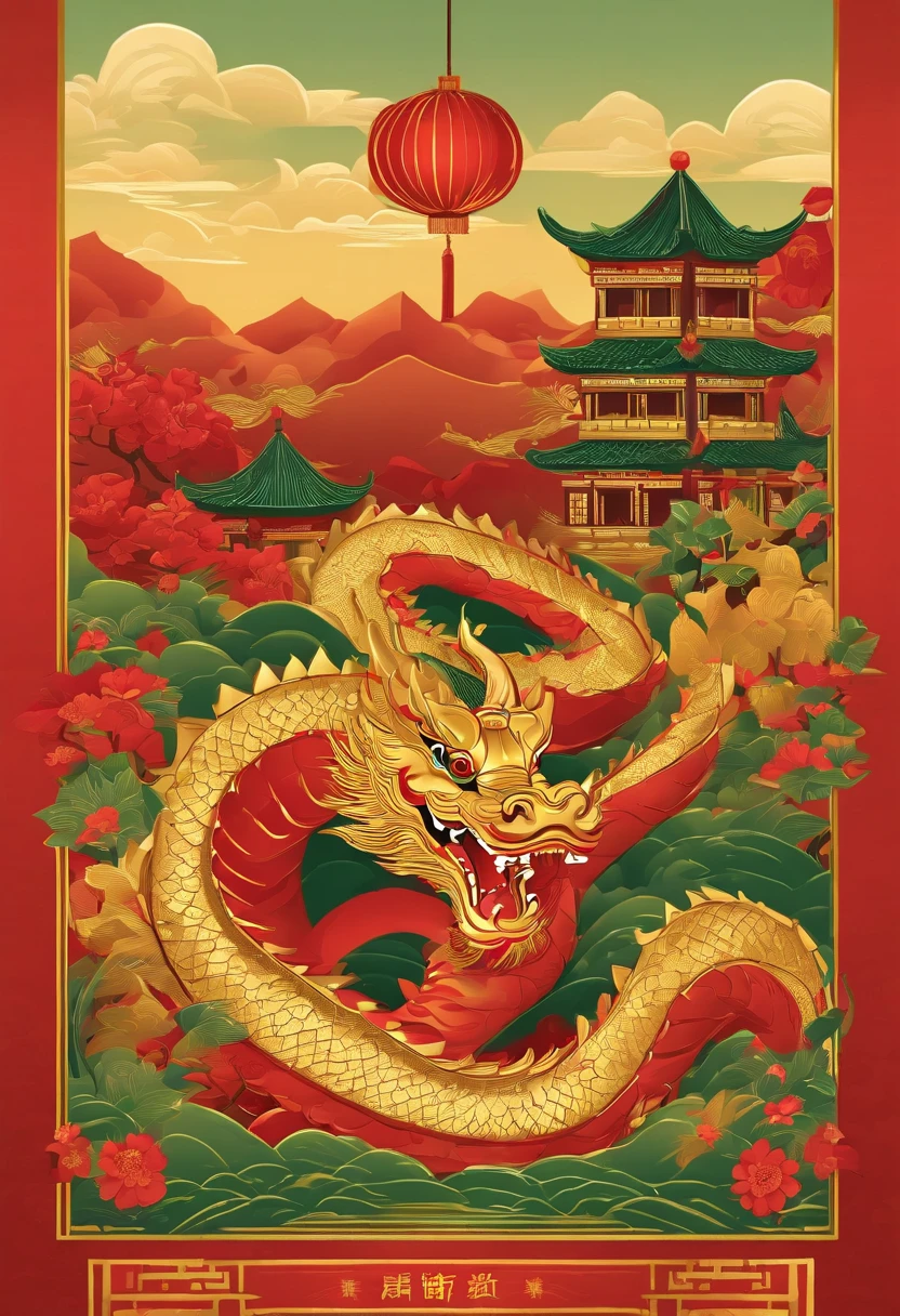 Chinese New Year,Year of the dragon,Golden, Red, Green,comic strip,Flat Illustration Style,simple,unreal,Commercial Posters,There are decorations around,delight