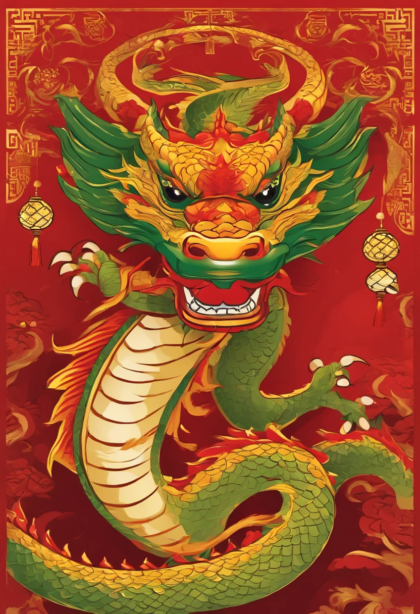Chinese New Year,Year of the dragon,Golden, Red, Green,comic strip,Flat Illustration Style,simple,unreal,Commercial Posters,There are decorations around,delight