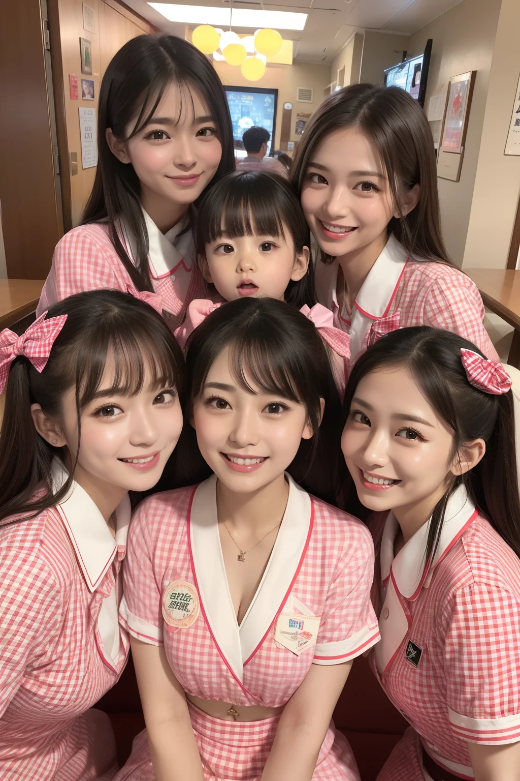 Outrageous resolution、hight resolution、(masterpiece:1.4)、ultra-detailliert、Crisp details、Dramatic and photorealistic pictorial art、Super Sentai Series、Everyone wears a family restaurant uniform(Gingham Check、Tartan check、red colored、Pink dot、Fivesome)Everyone smiles、