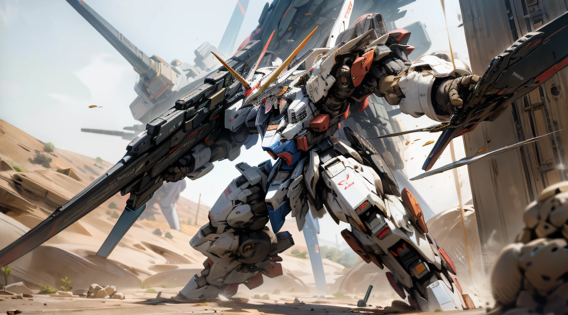 mecha, centaur-like, weapons, high tech, gundam, desert, fighting, shooting, absurdres, high res, ultrasharp, 8k, masterpiece