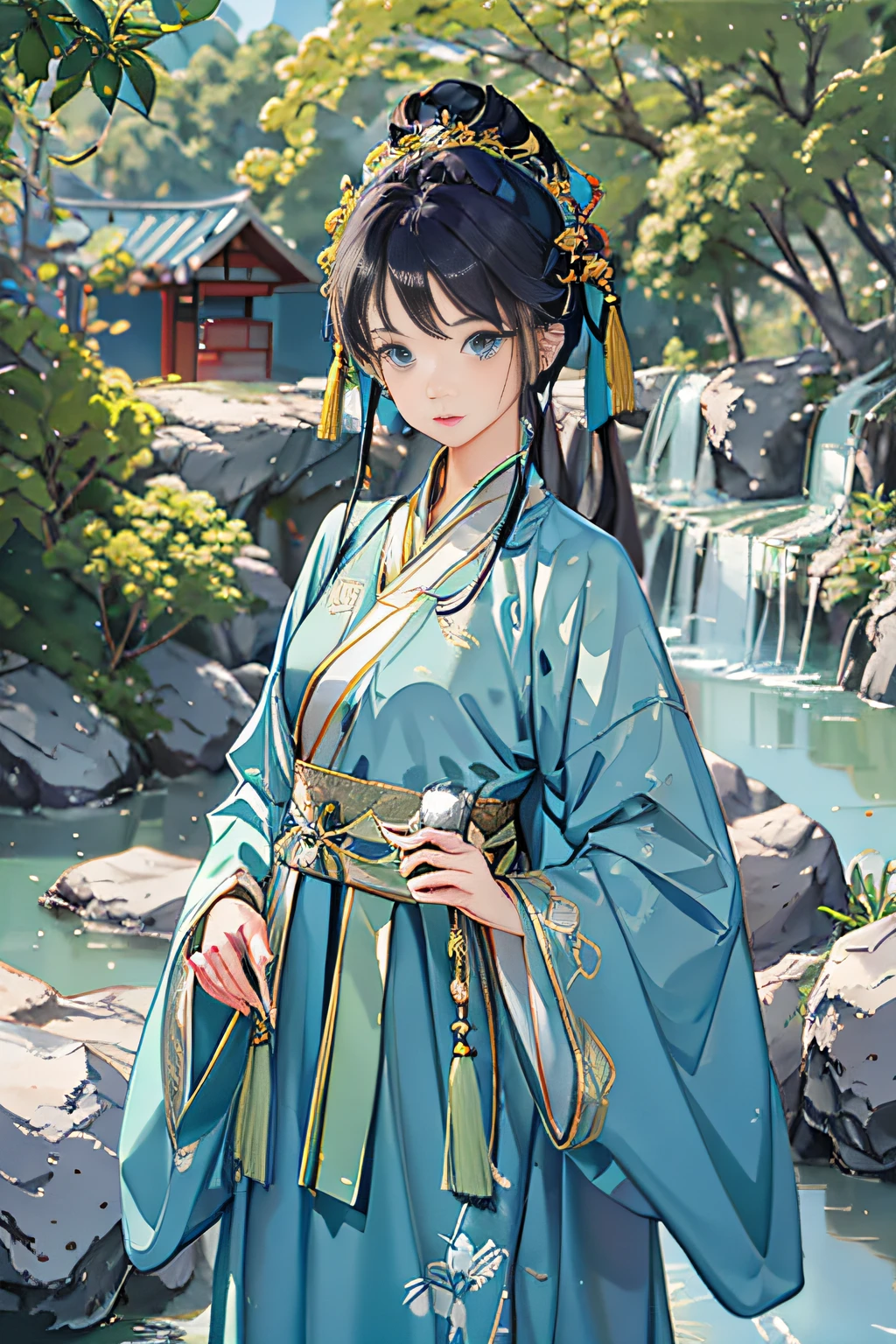 Best quality at best,Complicated details,Highest high resolution,Tang dynasty costume Han costume,The color of the clothes is aqua blue,Single player scenario,The girl was standing,Then enrich the details,The scene is in an ancient building