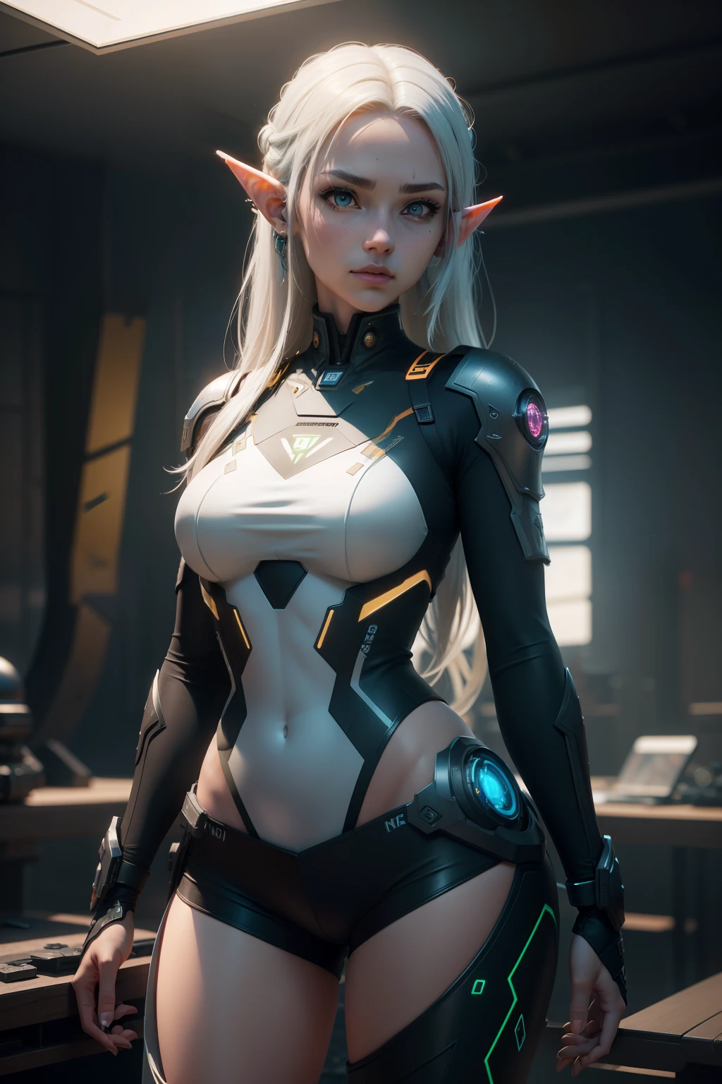 Personagen feminina, alien, cor rosa, olhos verdes, cabelo longo, cabelo branco, corpo inteiro, ciborgue, estilo anime, qualidade 8k, com armadura futurista, bunda grande, peitos medianos,