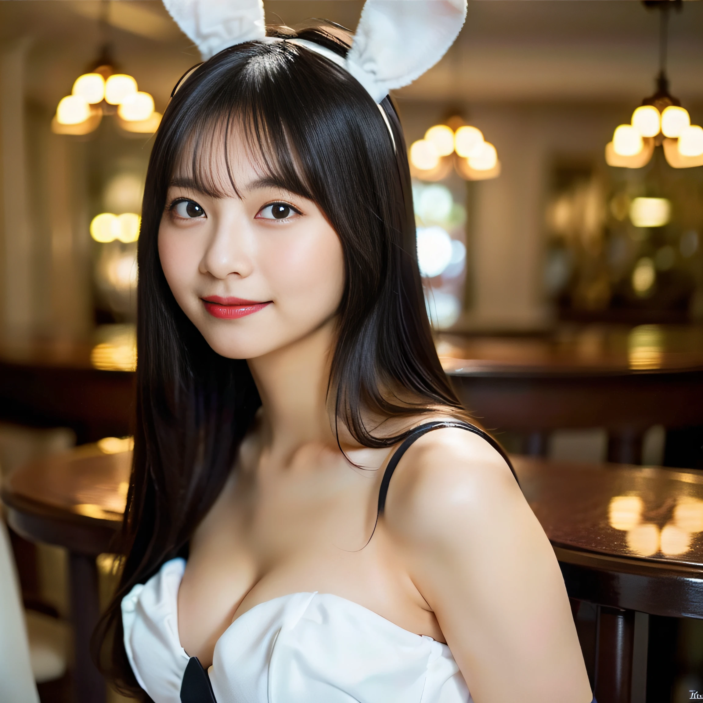(realisitic、Photorealsitic:1.37)、(masterpiece)、(top-quality:1.4)、(超A high resolution:1.2)、(Raw photography:1.2)、(foco nítido:1.3)、(facefocus:1.2)、elegent、(full body Esbian:1.2)、1girl in, (Solo:1.2), (Black hair black:1.3), Long hair, Large breasts, (Bunny Girl:1.4), (Playboy Bunny:1.3),(33yo:1.1)、(happy smail:1.3)、bangss, beautiful finely detailed eyes, Look at viewers, (cute little)、Casino、bars