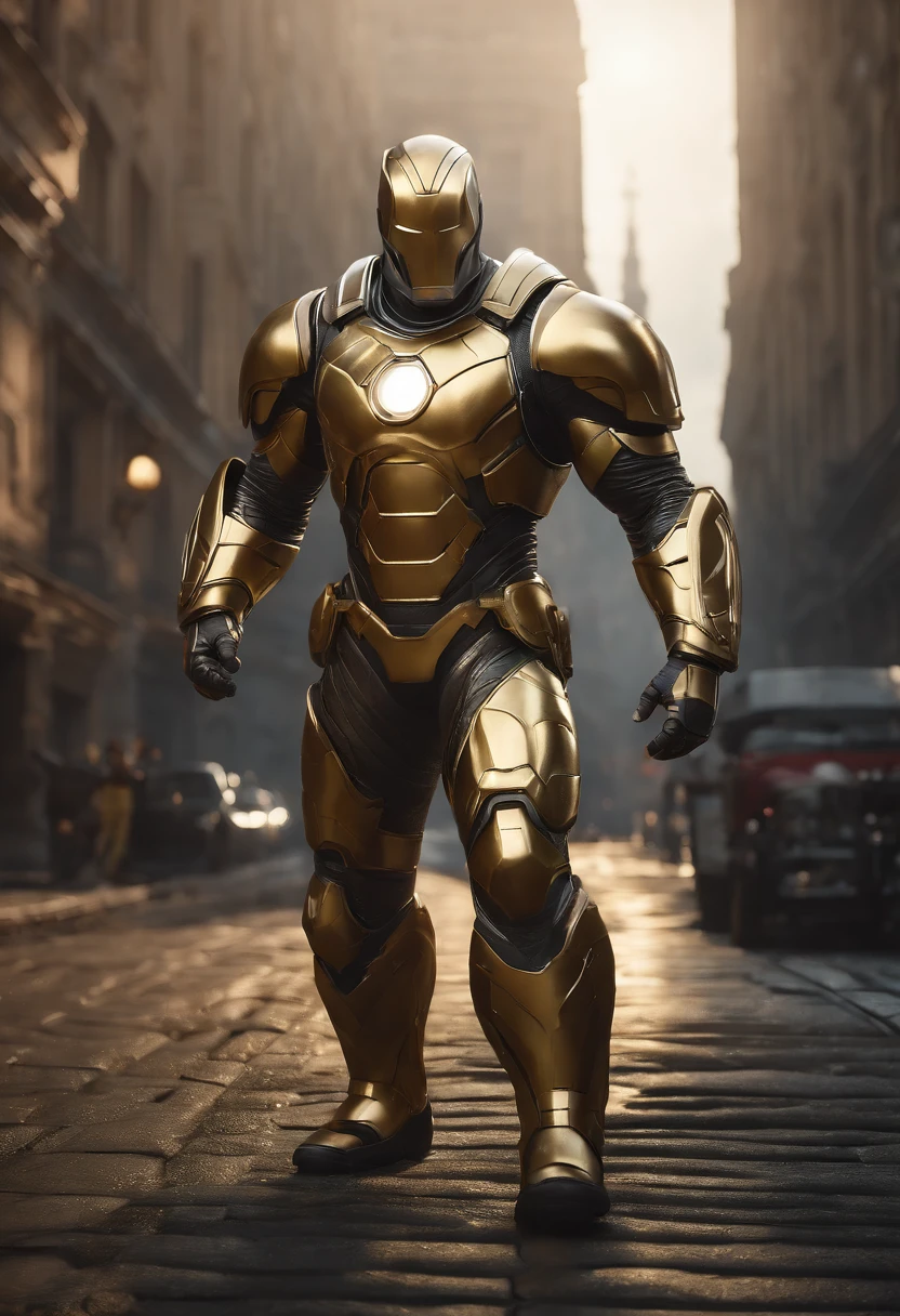 full body shot of Colossus in white and gold armour style suit, no mask on, white cape, looking at center camera, perfect composition, beautiful detailed intricate insanely detailed octane render trending on artstation, 8 k artistic photography, photorealistic concept art, soft natural volumetric cinematic perfect light, chiaroscuro, award - winning photograph, masterpiece, oil on canvas, raphael, caravaggio, greg rutkowski, beeple, beksinski, giger, trending on artstation, sharp focus, studio photo, intricate details, highly detailed, night city background, by greg rutkowski