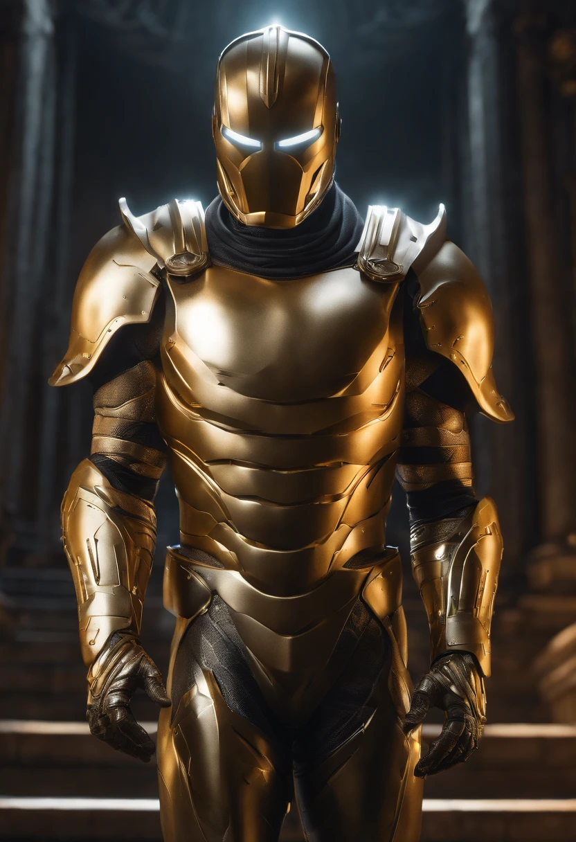 full body shot of Colossus in white and gold armour style suit, no mask on, white cape, looking at center camera, perfect composition, beautiful detailed intricate insanely detailed octane render trending on artstation, 8 k artistic photography, photorealistic concept art, soft natural volumetric cinematic perfect light, chiaroscuro, award - winning photograph, masterpiece, oil on canvas, raphael, caravaggio, greg rutkowski, beeple, beksinski, giger, trending on artstation, sharp focus, studio photo, intricate details, highly detailed, night city background, by greg rutkowski