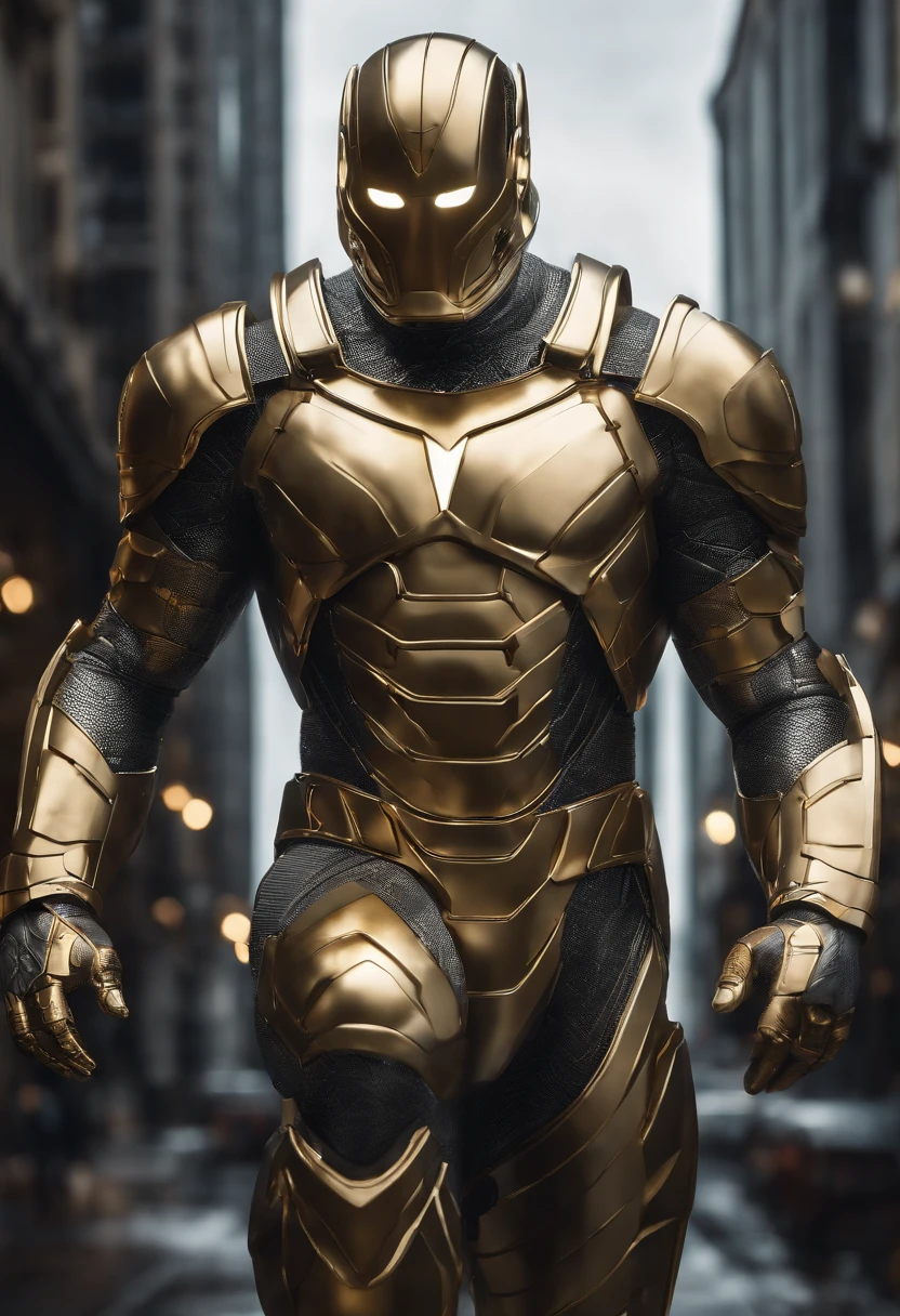 full body shot of Colossus in white and gold armour style suit, no mask on, white cape, looking at center camera, perfect composition, beautiful detailed intricate insanely detailed octane render trending on artstation, 8 k artistic photography, photorealistic concept art, soft natural volumetric cinematic perfect light, chiaroscuro, award - winning photograph, masterpiece, oil on canvas, raphael, caravaggio, greg rutkowski, beeple, beksinski, giger, trending on artstation, sharp focus, studio photo, intricate details, highly detailed, night city background, by greg rutkowski