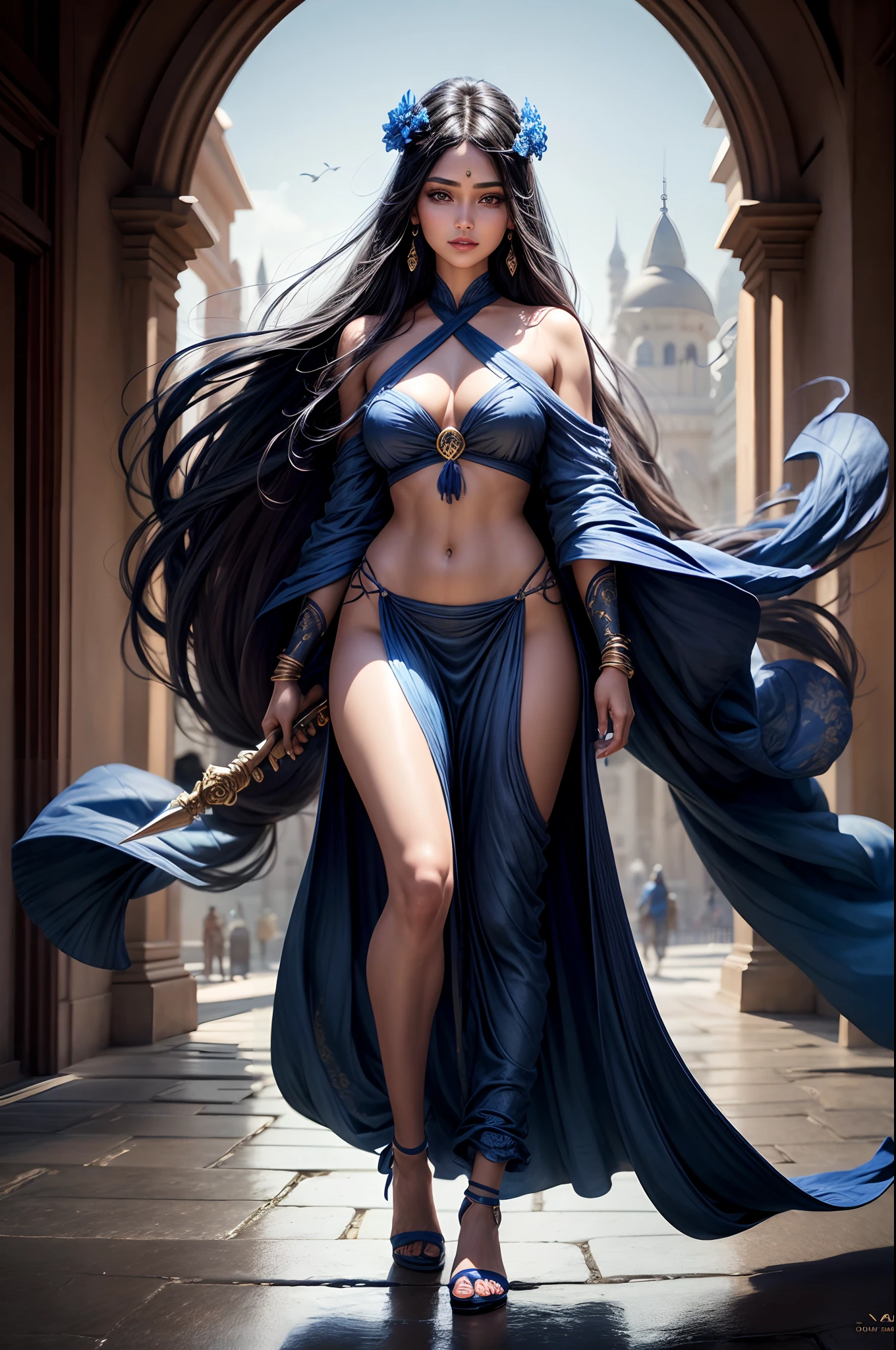 Indian beauty, Very beautiful facial features, European and American mythological figures, Dark blue hanfu, cabelos preto e longos, Blue pupil, ssmile, the sea, themoon, Full body photo, Holds a blue spear in his right hand, close-up all over the body, Wear blue high heels, Hyperrealism, masterpiece, award winning, best quality, super detail, textured skin, 16k --auto