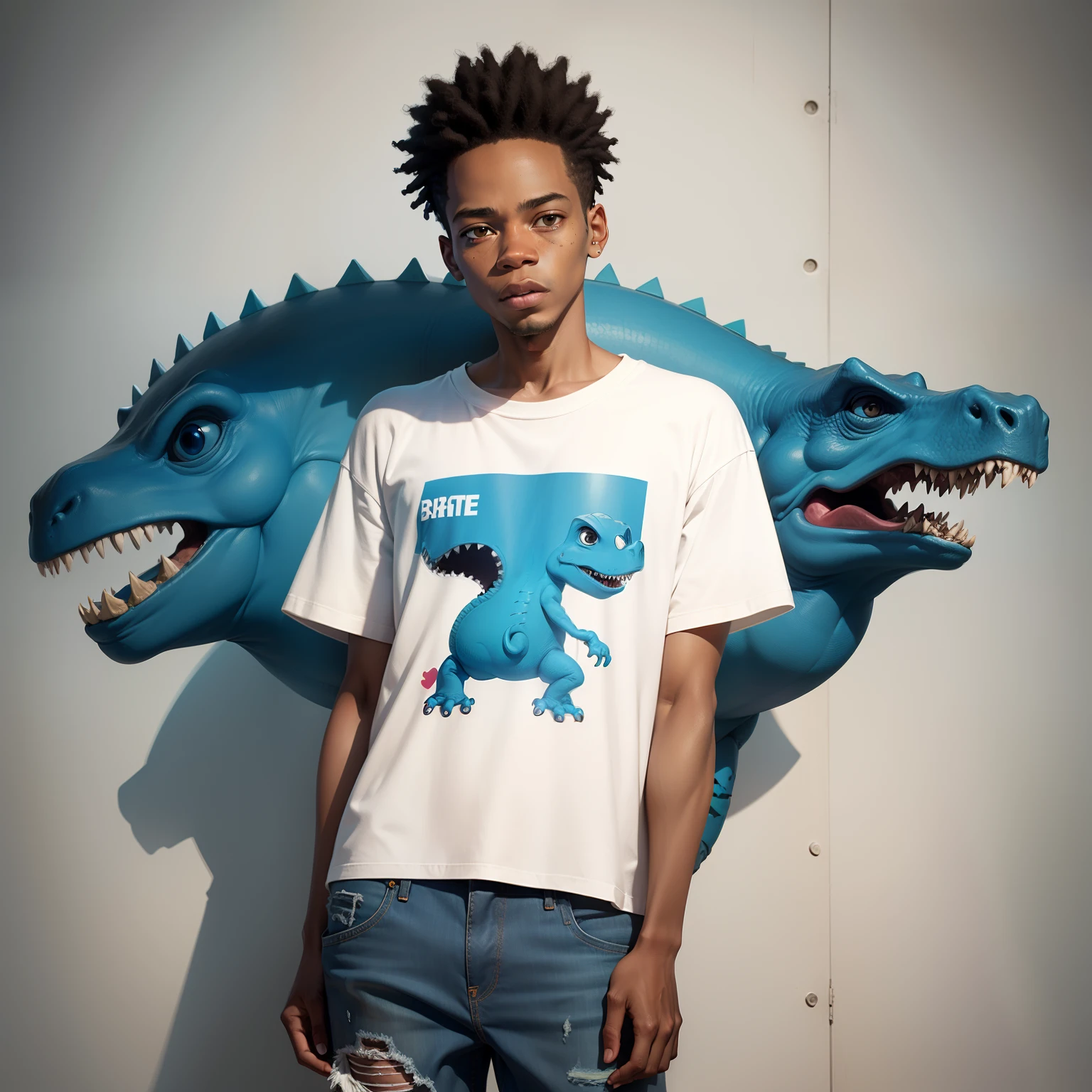 Basquiat White T-shirt Ripped blue jeans Little dinosaur graffiti avatar