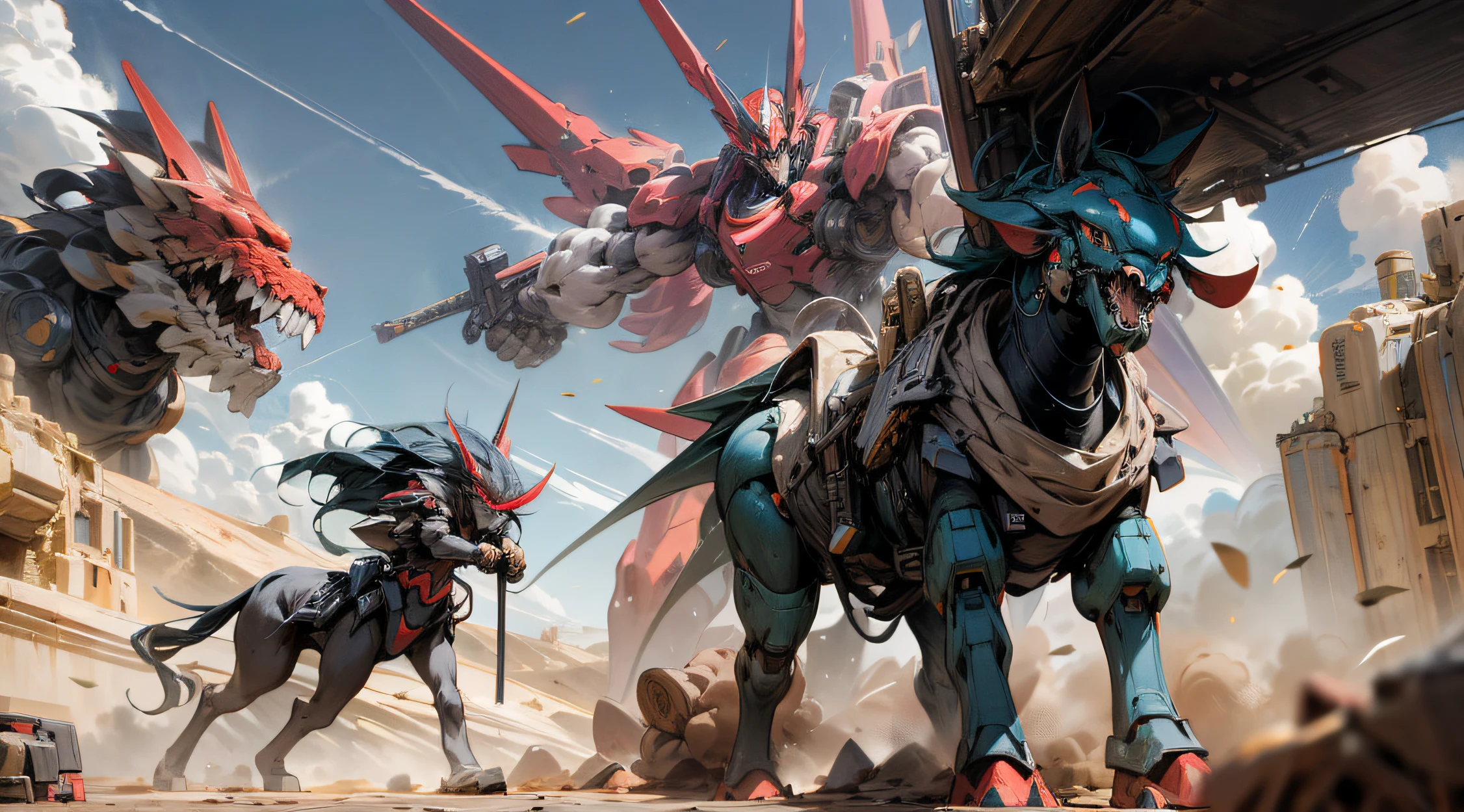 mecha, centaur-like, weapons, high tech, patlabor, desert, fighting, shooting, monsters, absurdres, high res, ultrasharp, 8k, masterpiece