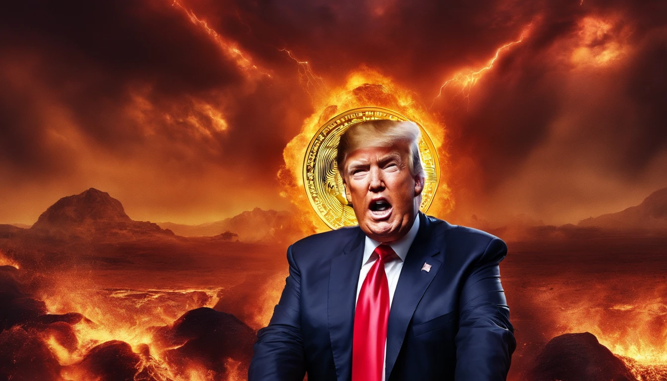 Create an image that has bitcoin exploding in the background and Donald Trump filling just about the entire picture with a bad grimace