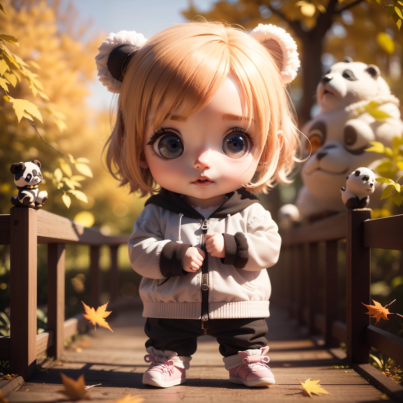 Cute Baby Chibi Anime、(((Chibi 3D))) (Best Quality), (masutepiece)、Chibi Panda、A detailed face、Standing、Royal Botanic Gardens in Autumn